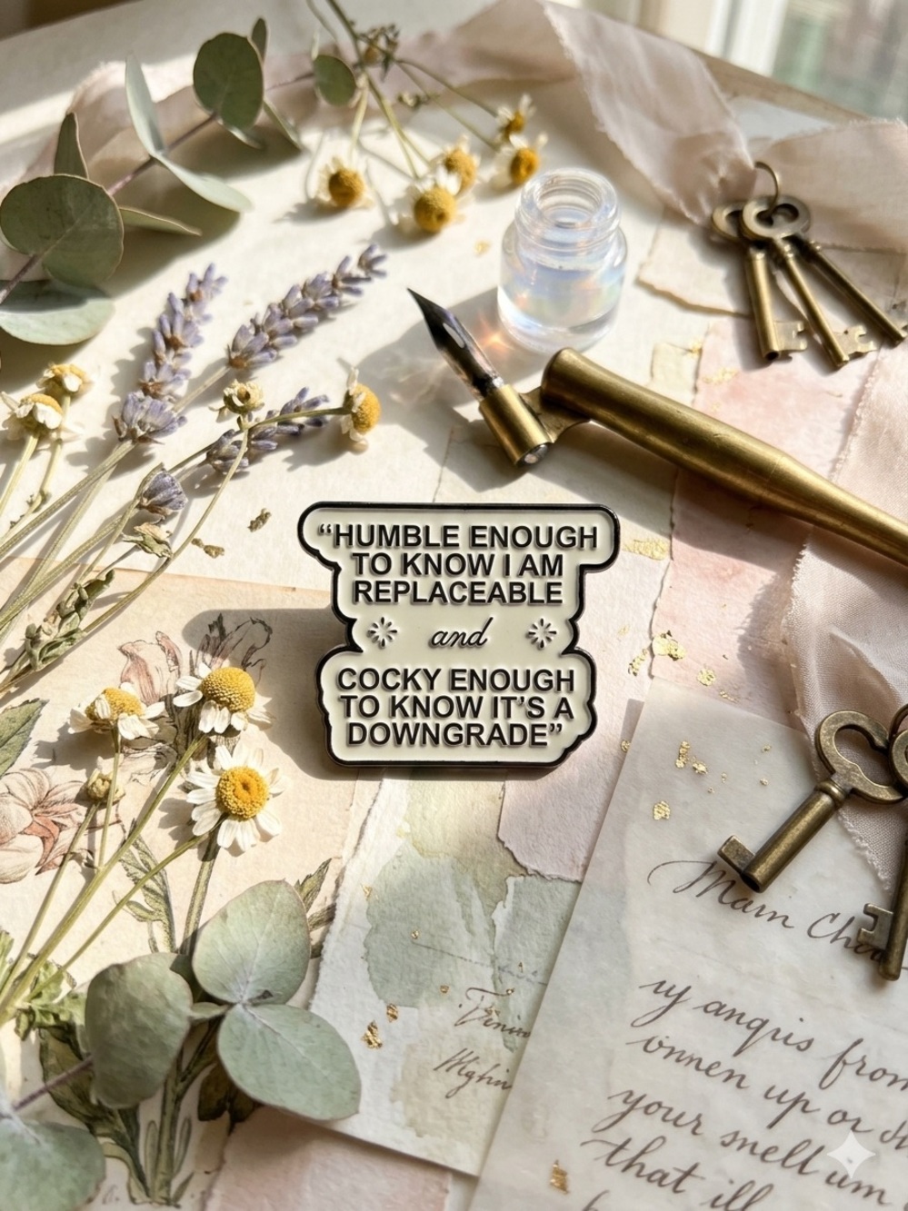 Statement Enamel Pin in Cream and Black - Inspirational Quote Accessory